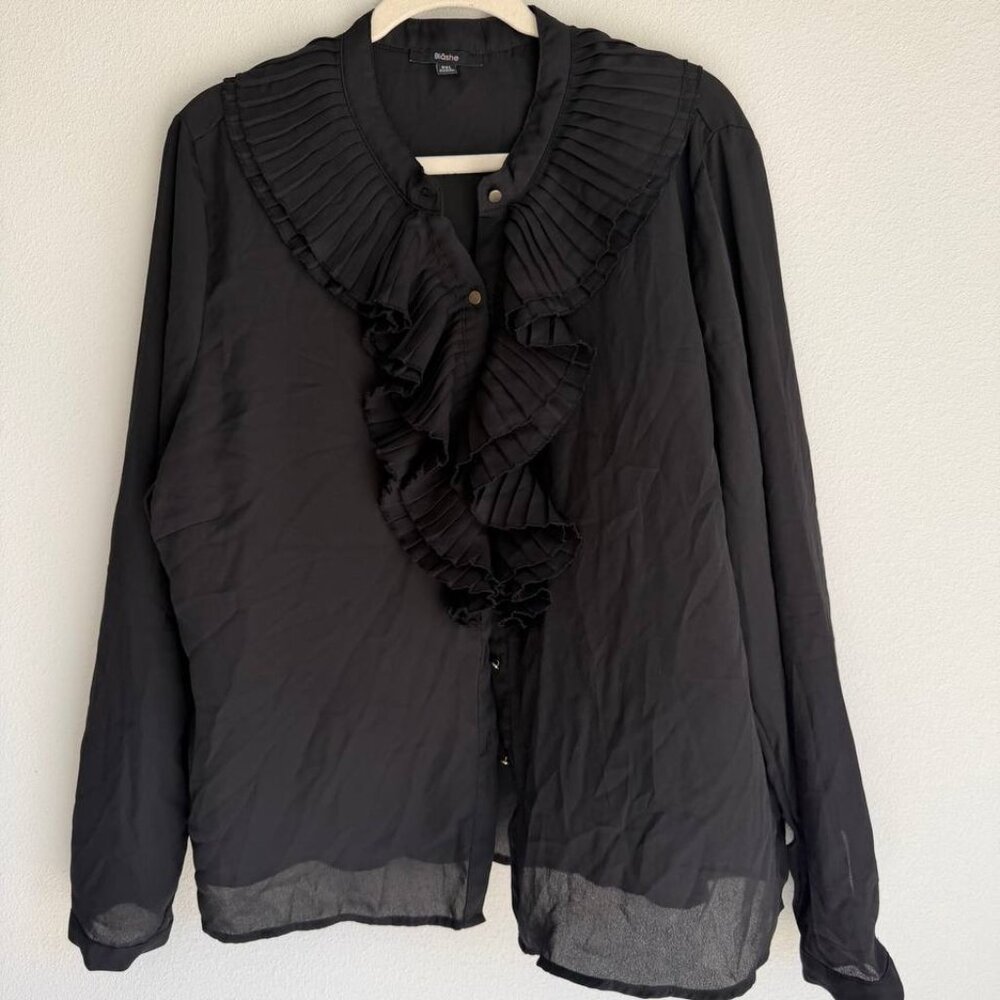 Blashe Black Sheer Ruffle Blouse Pleated Front Button Shirt 3XL